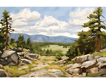 May include: A landscape painting depicting a rocky foreground with scattered boulders and patches of green grass. Two tall pine trees frame the scene on the left and right sides. In the distance, rolling blue mountains sit under a bright sky.