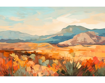 May include: A painting of a desert landscape with mountains in the background. The foreground is a field of yellow and orange wildflowers with a few green plants.