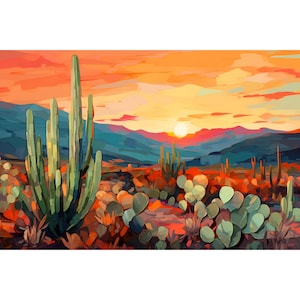 Glory Desert Print Texas Landscape Painting Sunset Western Decor Cactus Ocotillo Wall Art San Antonio Travel Poster