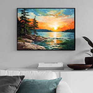 Sunrise Forest Lake Painting Neutral Brown Green Landscape Wisconsin ...