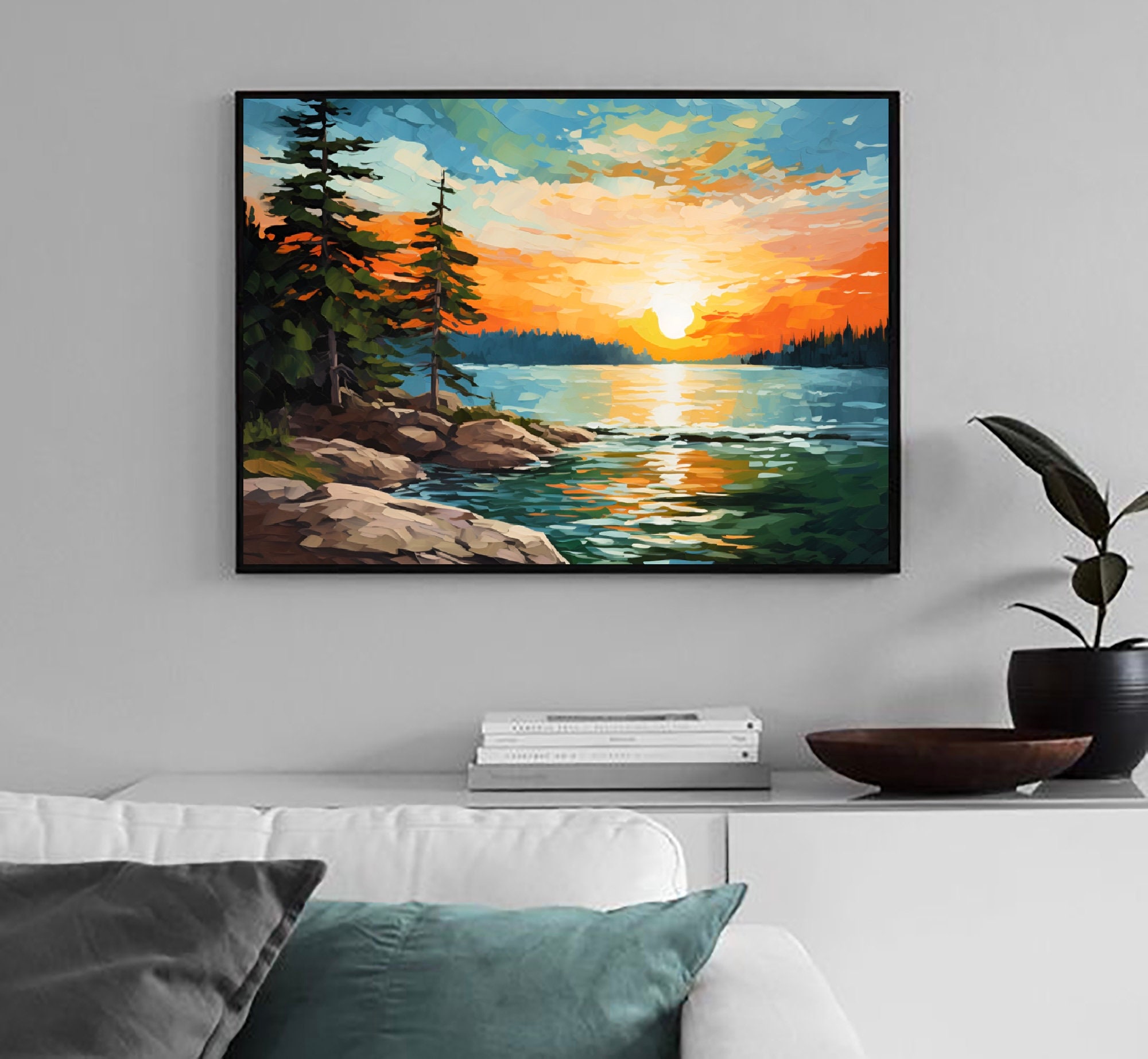 Sunrise Forest Lake Painting Neutral Brown Green Landscape Wisconsin ...