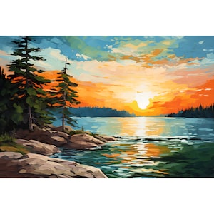 Sunrise Forest Lake Painting Neutral Brown Green Landscape Wisconsin Art Print Pine Tree Wall Art Lake Pearl Art Panoramic Minimalist Poster