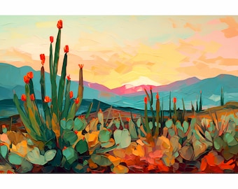 Puede incluir: Una pintura de un paisaje desértico con una puesta de sol vibrante en el fondo. En primer plano, hay una variedad de cactus y suculentas en tonos de verde, rojo y naranja.