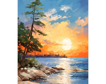 Misty Sunrise Lake Print Canadian Shield Landscape Ontario Lake Painting Canada Fine Art Coastal Wall Art Lake House Decor