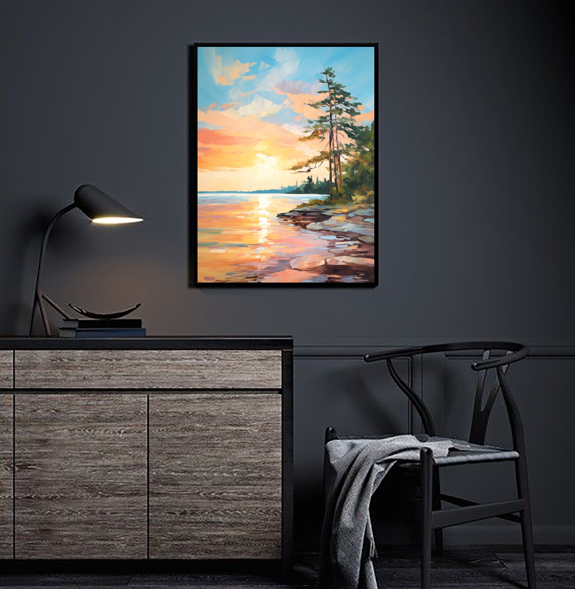 Sunrise Forest Lake Painting Neutral Landscape Wisconsin Art Print Pine ...