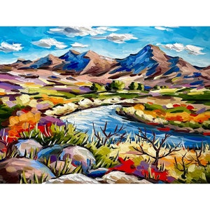 Big Bend Travel Poster Landscape Print from Oil Painting Texas Mountain River Art Rio Grande Colorful Artwork National Park Painting