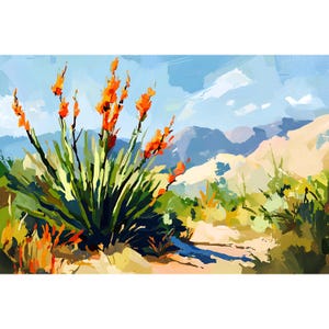 Texas Botanical Painting North Franklin Mountain Print El Paso Landscape Art Green Yellow Wall Art Texas Travel Art