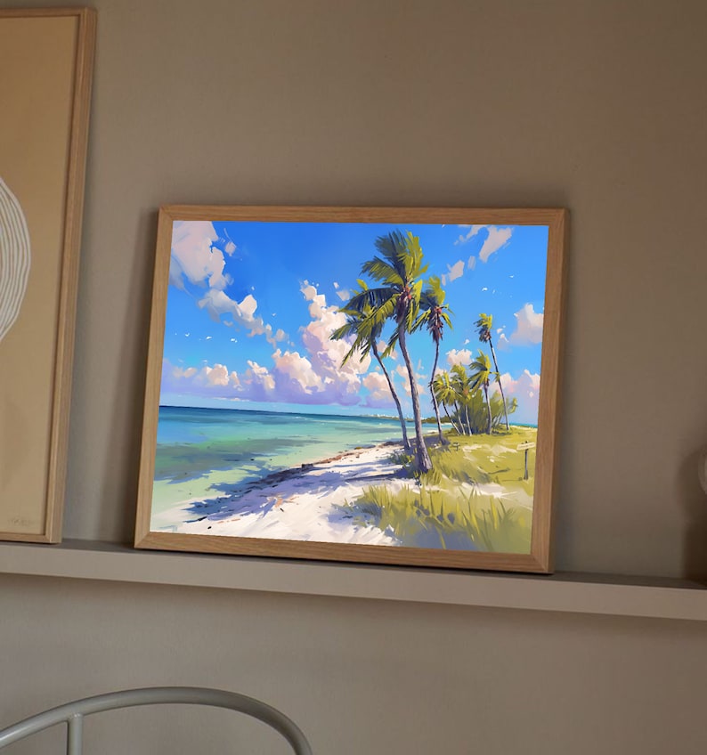 May include: A framed painting of a tropical beach scene with palm trees, white sand, and blue water. The sky is bright blue with white clouds.