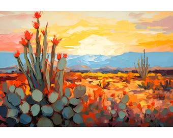 May include: A painting of a desert landscape with a cactus in the foreground. The cactus has red flowers and green leaves. The background is a sunset with orange, yellow, and pink colors.