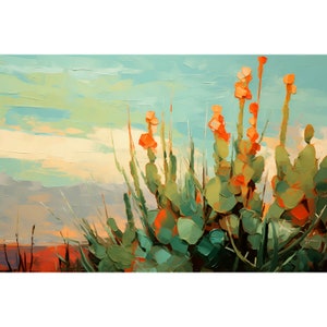 Texas Cactus Wall Art Light Green Orange Landscape Print Abstract Landscape Painting Neutral Wall Art Desert Southwestern Decor