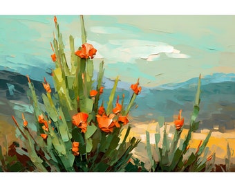 Abstract Desert Botanical Print Roswell New Mexico Art Cactus Plant Painting Midcentury Modern Southwestern Wall Art Green Landscape Poster