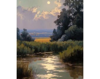 Summer Landscape Print – Cloudy Day Wall Art, Nature Giclée Painting, Scenic Lake Fine Art Print