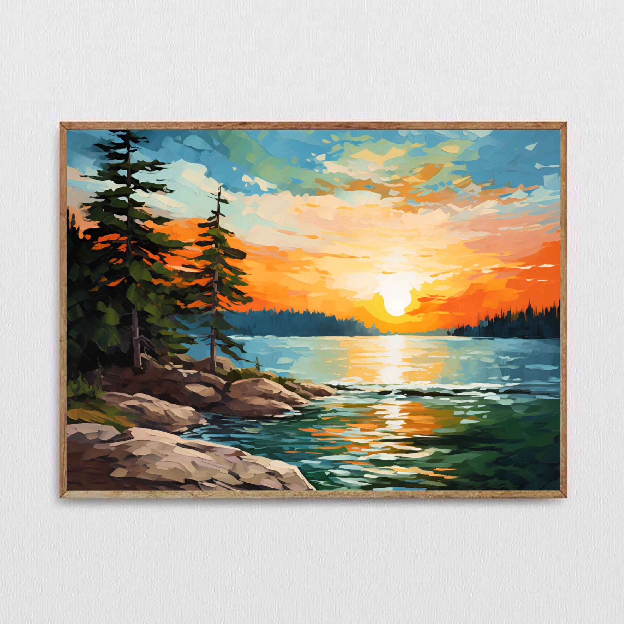 Sunrise Forest Lake Painting Neutral Brown Green Landscape Wisconsin ...
