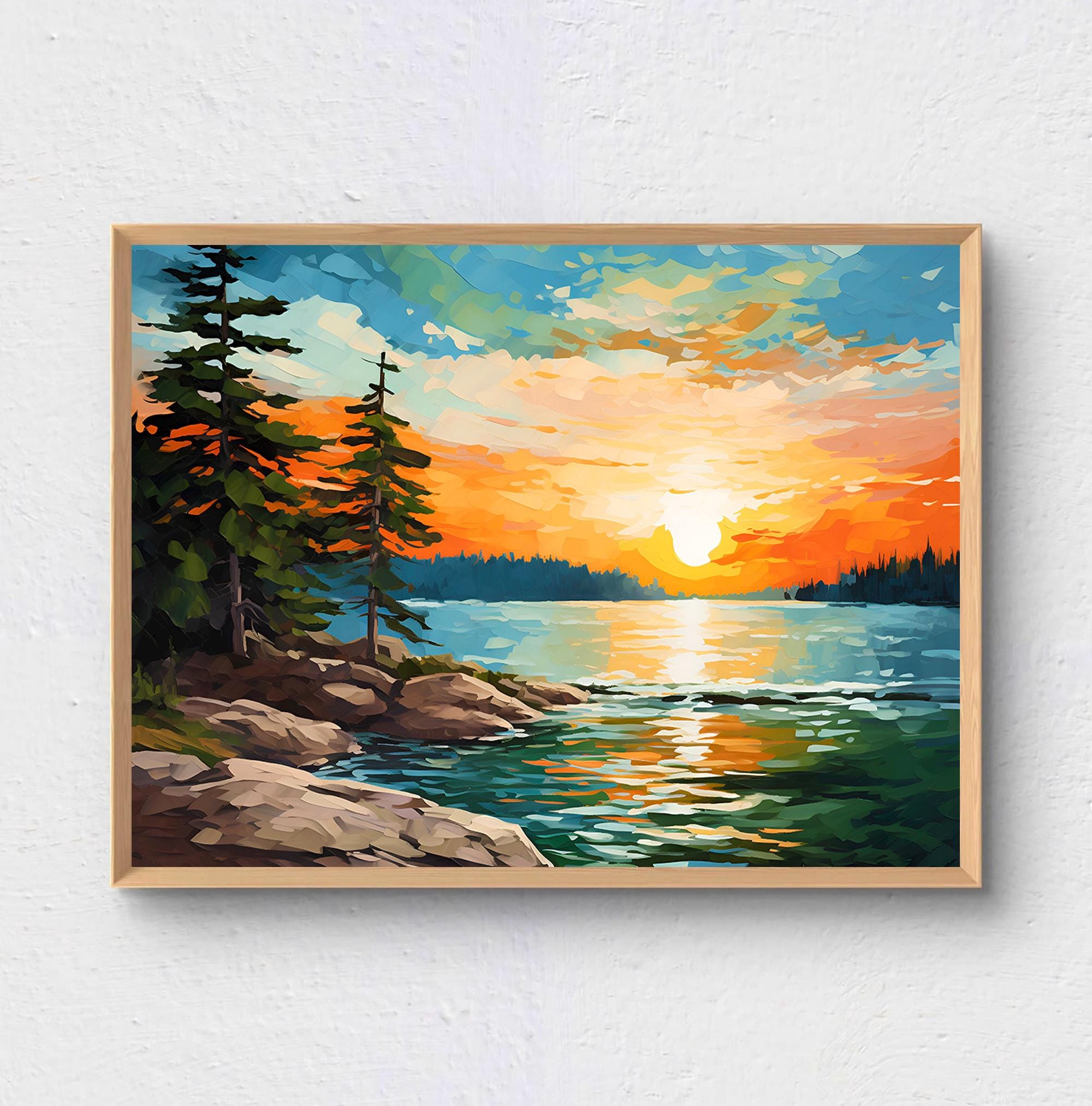 Sunrise Forest Lake Painting Neutral Brown Green Landscape Wisconsin ...