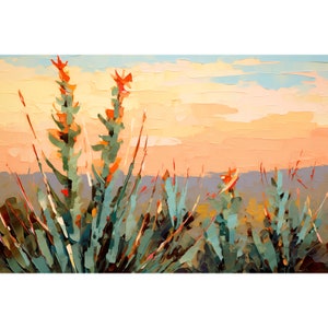 Texas Sunset Painting Desert Travel Poster Big Bend National Park Ocotillo Botanical Landscape Southwestern Wall Decor