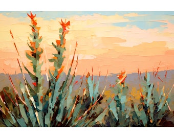 Texas Sunset Painting Desert Travel Poster Big Bend National Park Ocotillo Botanical Landscape Southwestern Wall Decor