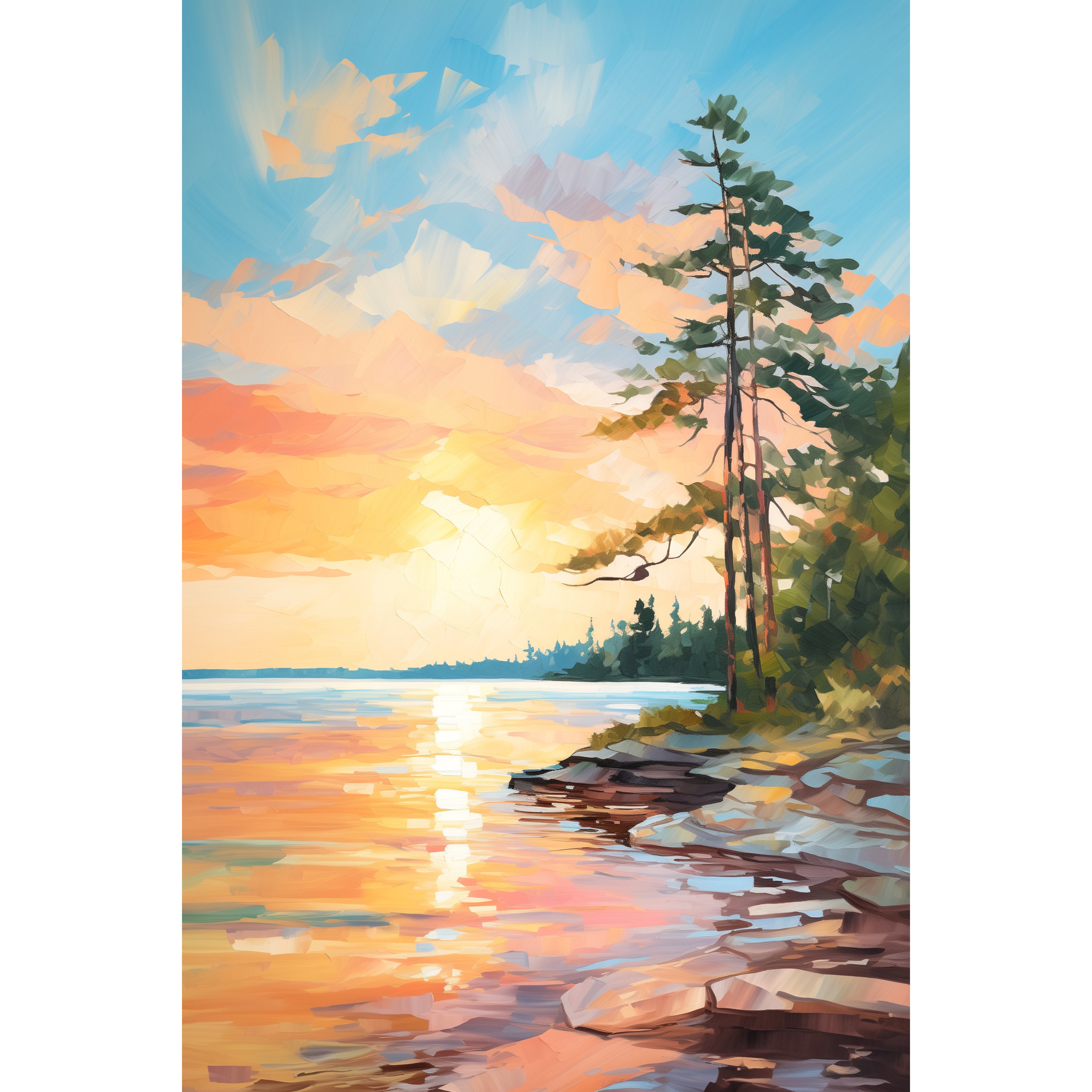 Sunrise Forest Lake Painting Neutral Landscape Wisconsin Art Print Pine ...