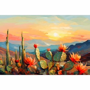 Desert Tortoise Print Modern Desert Landscape Art Vintage Colorful Western Wall Art Sunset Cactus Poster California Travel Painting