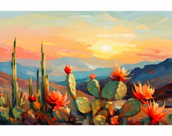 Desert Tortoise Print Modern Desert Landscape Art Vintage Colorful Western Wall Art Sunset Cactus Poster California Travel Painting