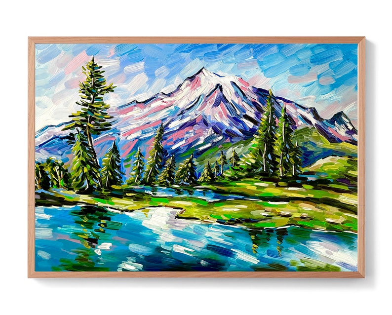 May include: A framed landscape painting depicts a snow-capped mountain range under a blue sky. The artwork features a lake in the foreground, with green trees and grass. The painting uses thick brushstrokes and vibrant colors.