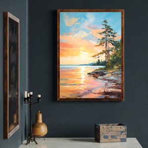 Sunrise Forest Lake Painting Neutral Landscape Wisconsin Art Print Pine ...
