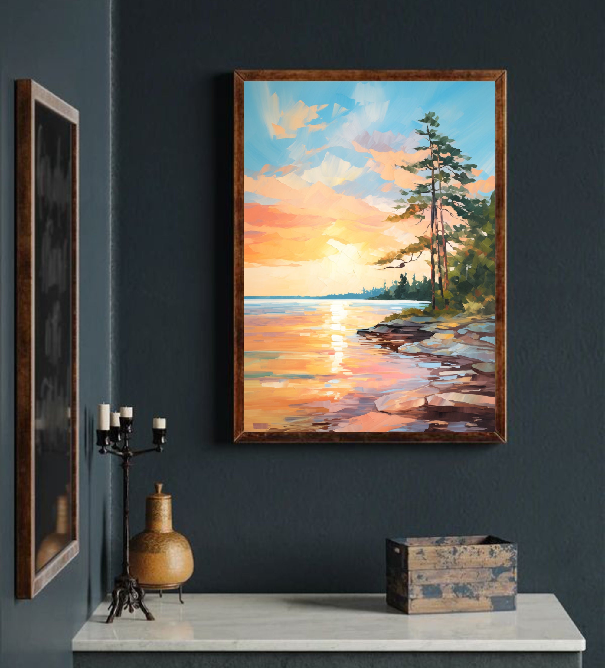 Sunrise Forest Lake Painting Neutral Landscape Wisconsin Art Print Pine ...