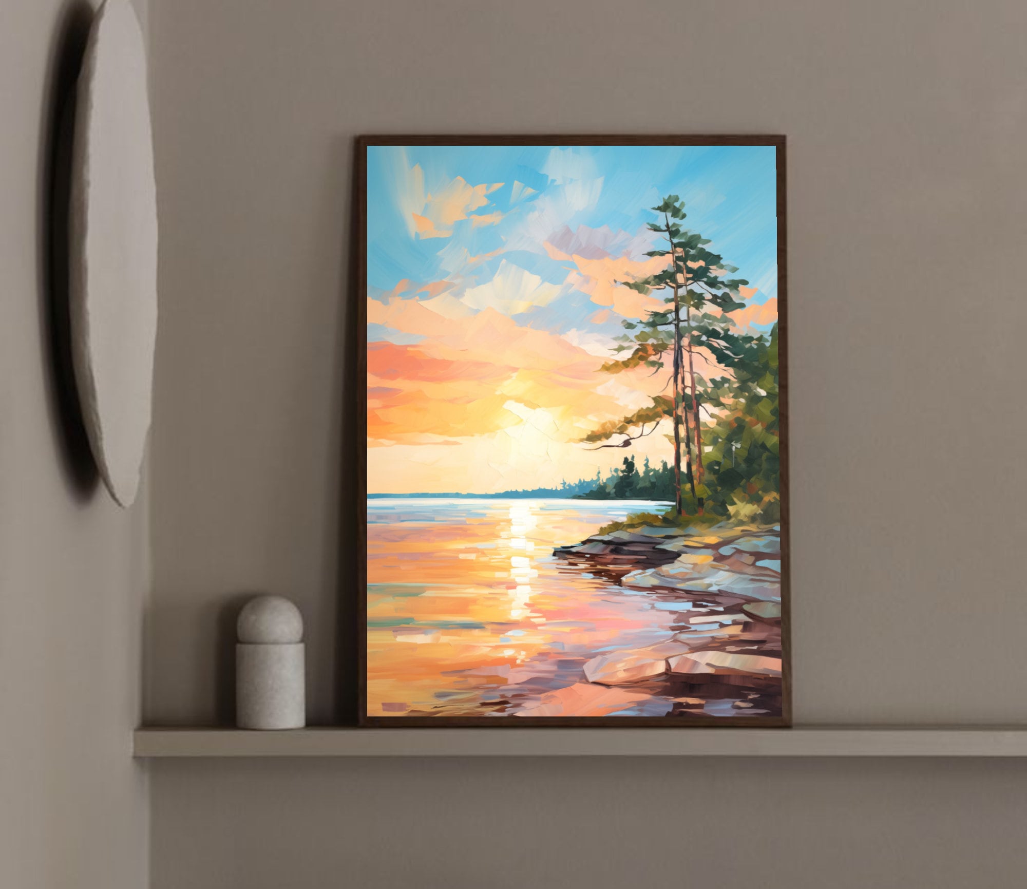 Sunrise Forest Lake Painting Neutral Landscape Wisconsin Art Print Pine ...