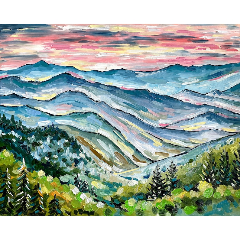 May include: A painting of a mountain range with a pink and yellow sky. The mountains are painted in shades of blue and green, with a few trees in the foreground.