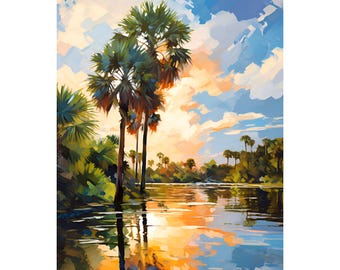 Florida Landscape Wall Art Sarasota Poster Print Myakka River State Park Travel Nature Painting Tropical Forest Lake Wall Art