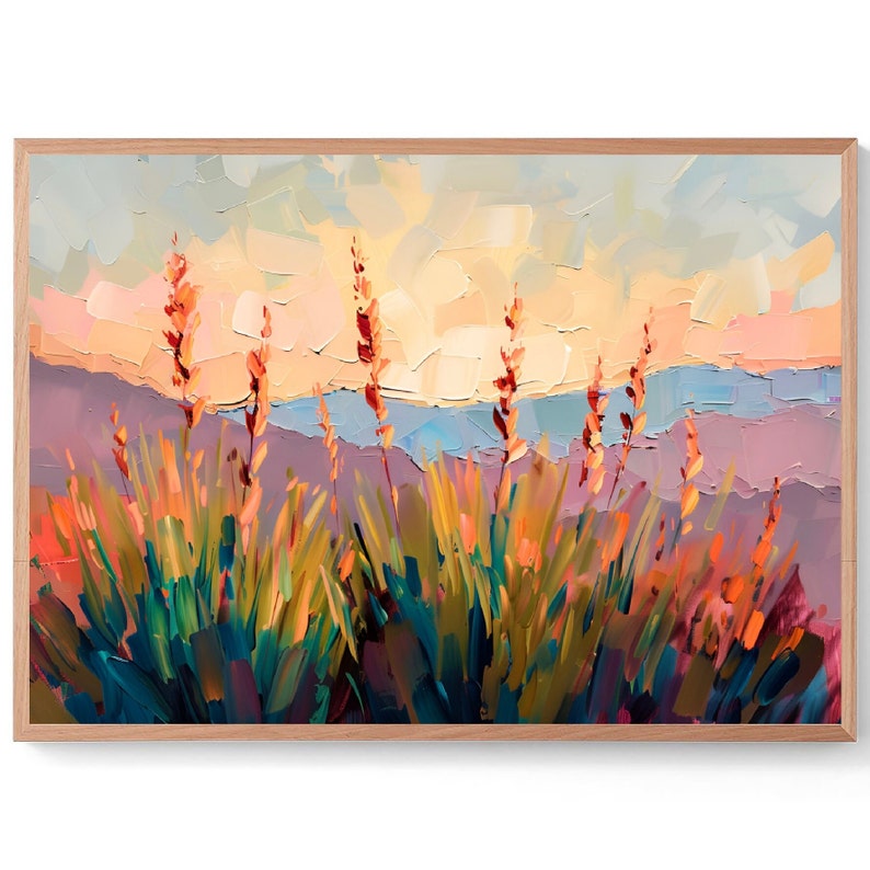 May include: A painting of a landscape with tall, thin, orange flowers in the foreground. The background is a hazy, blue and purple mountain range with a bright orange sky.
