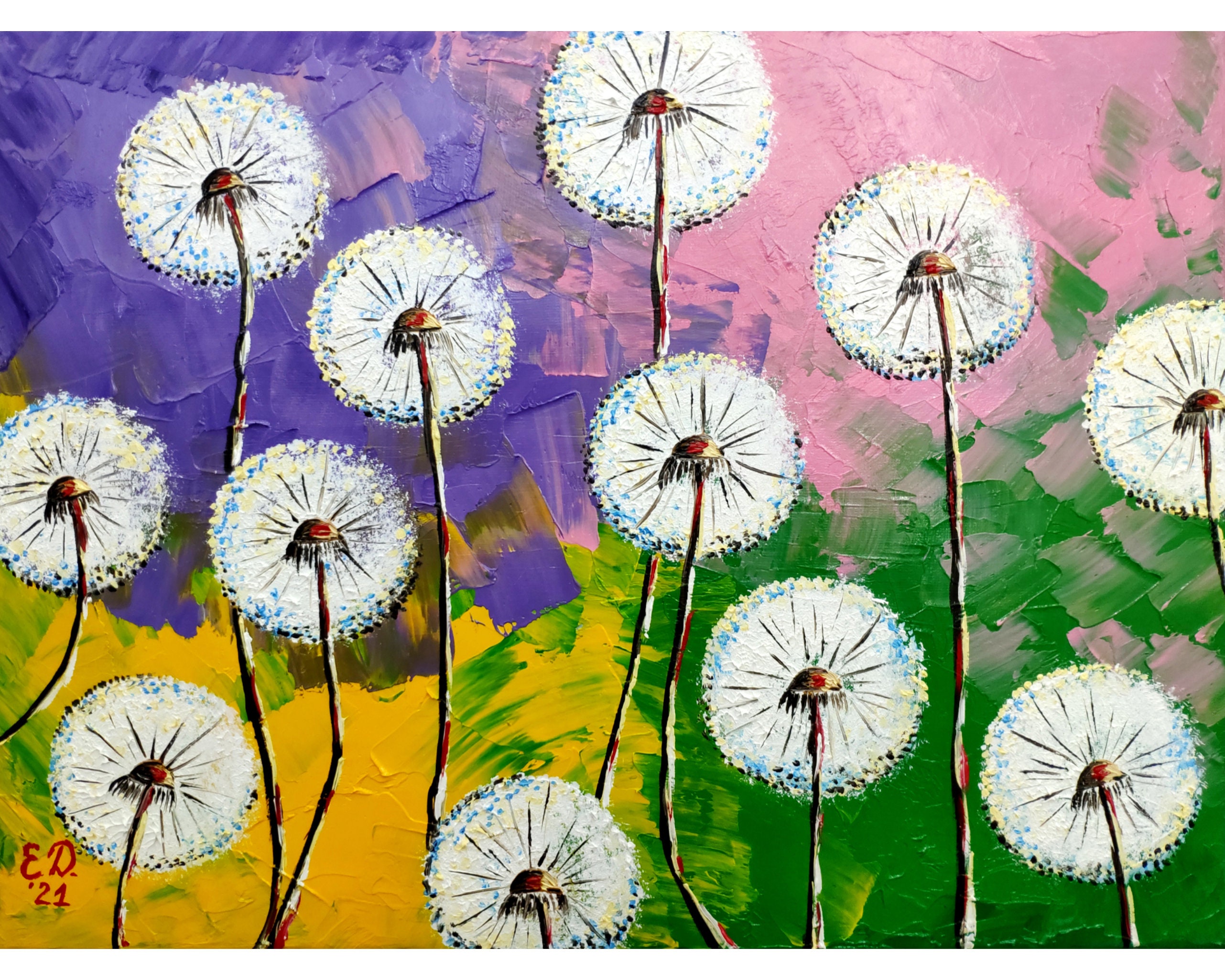 Dandelion Painting Canvas Original Art Flower Painting Floral Etsy