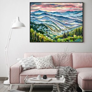 May include: A painting of a mountain landscape with a blue and green color scheme. The painting depicts a series of rolling hills with a forest in the foreground and a hazy sky in the background.