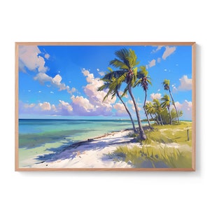 May include: A painting of a tropical beach scene with palm trees, white sand, and turquoise water. The sky is blue with white clouds.