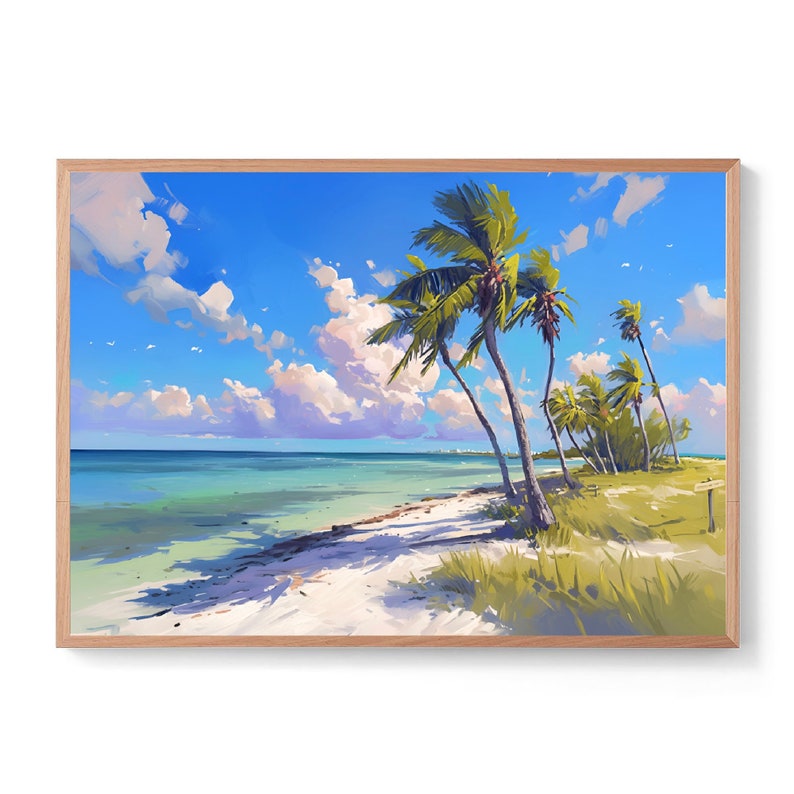 May include: A painting of a tropical beach scene with palm trees, white sand, and turquoise water. The sky is blue with white clouds.