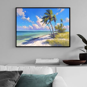 May include: A digital painting of a tropical beach scene with palm trees, white sand, and turquoise water. The sky is blue with white clouds.