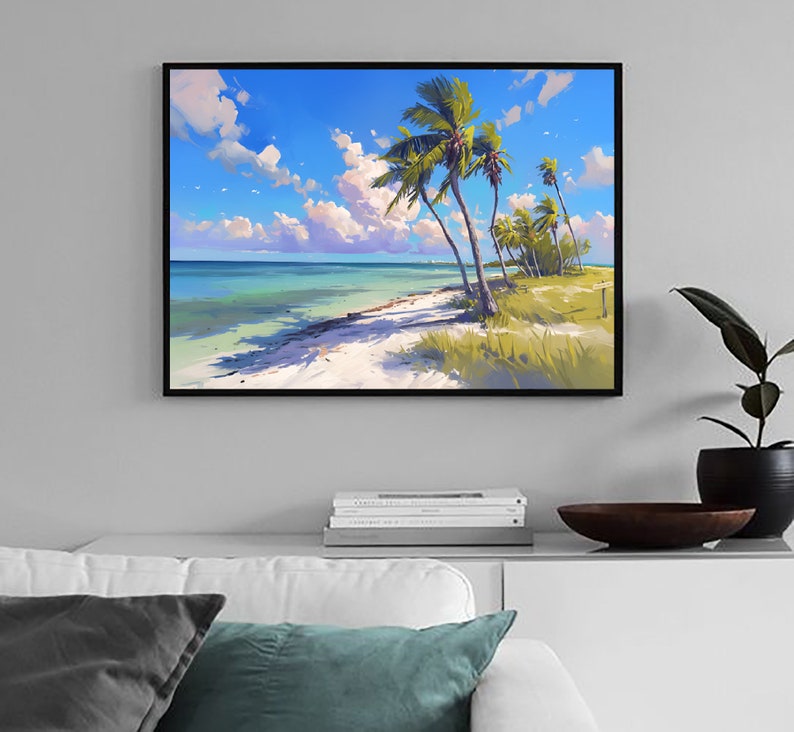 May include: A digital painting of a tropical beach scene with palm trees, white sand, and turquoise water. The sky is blue with white clouds.