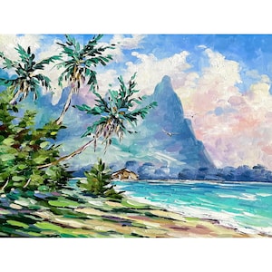 Hawaii Art Print of Kauai Hawaiian Landscape Painting with Hanalei Cottage a Tropical Hawaii Wall Art Painting Hawaii Gift