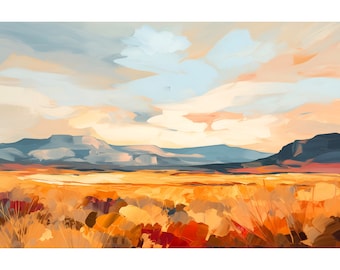 May include: A painting of a landscape with a field of tall grass in the foreground, a range of mountains in the middle ground, and a cloudy sky in the background. The colors are mostly muted, with shades of brown, yellow, blue, and white.