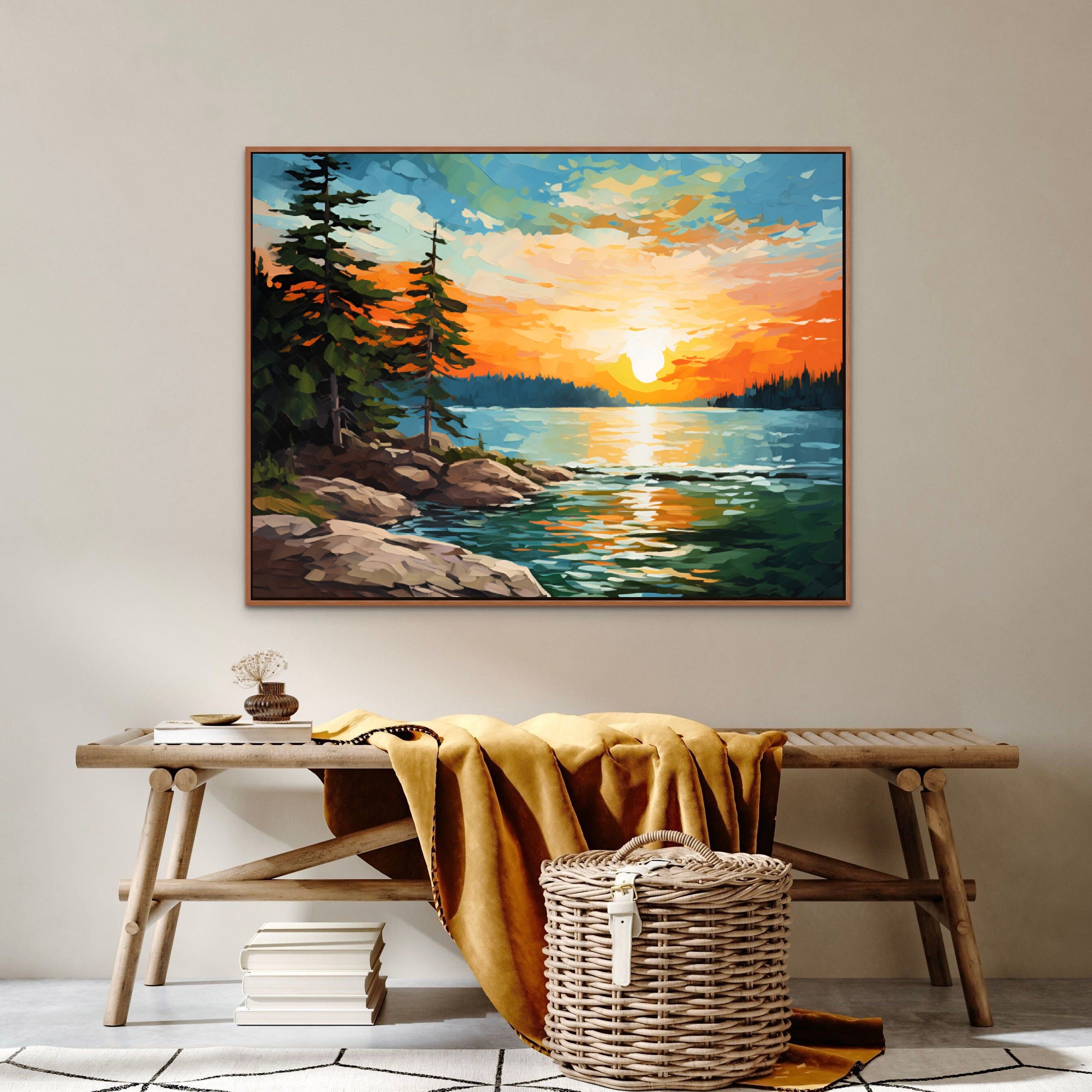 Sunrise Forest Lake Painting Neutral Brown Green Landscape Wisconsin ...