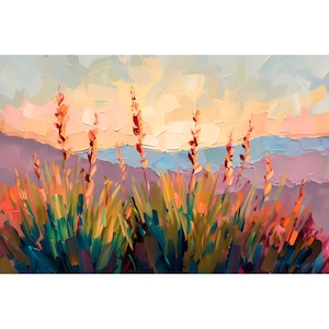 May include: A painting of a landscape with tall, thin, orange-brown plants in the foreground. The background is a hazy, purple and blue sky with a hint of orange in the distance.