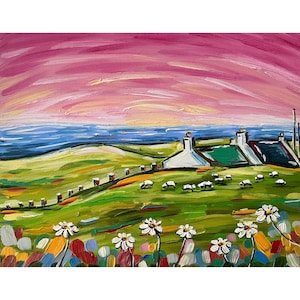 Ireland Painting Irish Landscape Print from Original Oil Painting Pink Green Wall Art Large Poster Giclee Art Print
