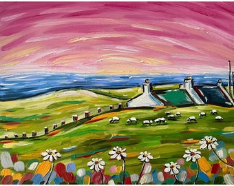 Irish Landscape Giclee Art Print: Pink & Green Wilderness Wall Art