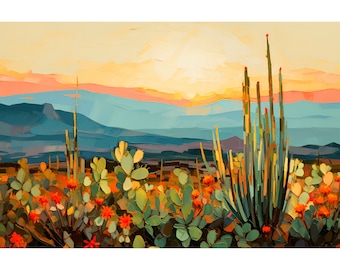Puede incluir: Una pintura de un paisaje desértico con una puesta de sol en el fondo. En primer plano, se puede ver una variedad de cactus y suculentas en tonos de verde, rojo y naranja.
