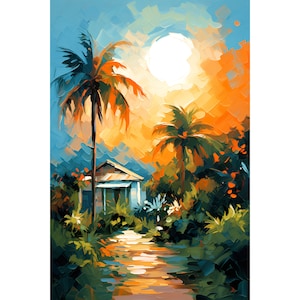 Florida Sunset Painting Key West Travel Poster Landscape Art Print Coastal Wall Art Large Tropical Painting Beach House Decor