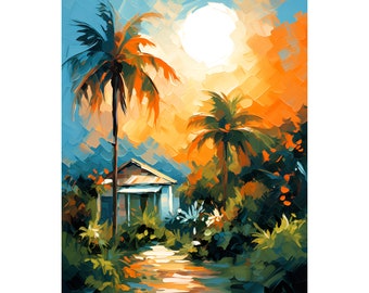 Florida Sunset Painting Key West Travel Poster Landscape Art Print Coastal Wall Art Large Tropical Painting Beach House Decor