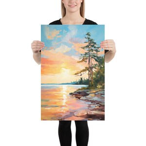 Sunrise Forest Lake Painting Neutral Landscape Wisconsin Art Print Pine ...