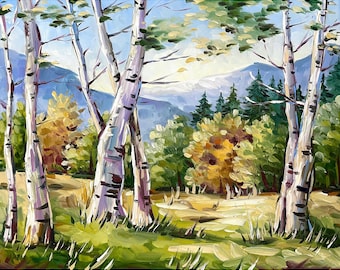 Birch Tree Wall Art Aspen Colorado Mountains Artwork Birch Landscape Painting Large Green Blue Art Living Room Art