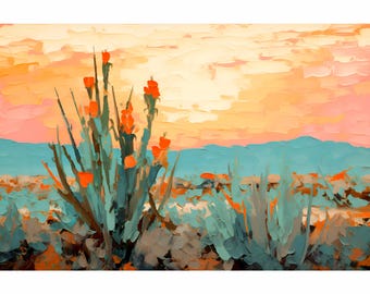 Puede incluir: Una pintura de un paisaje desértico con un cactus en flor en primer plano. El cielo es de un naranja y rosa vibrantes, con una cordillera azul en la distancia. El cactus es de un verde brillante con flores naranjas.