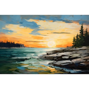 Huron Lake Painting Sunset Coast Art Print Great Lakes Landscape Rock Shoreline Wall Art Michigan Art Print Lake Home Decor