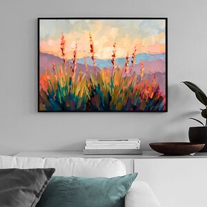 May include: A painting of a landscape with tall grass and a sunset in the background. The grass is painted in shades of green, blue, and yellow, and the sunset is painted in shades of orange, pink, and purple.